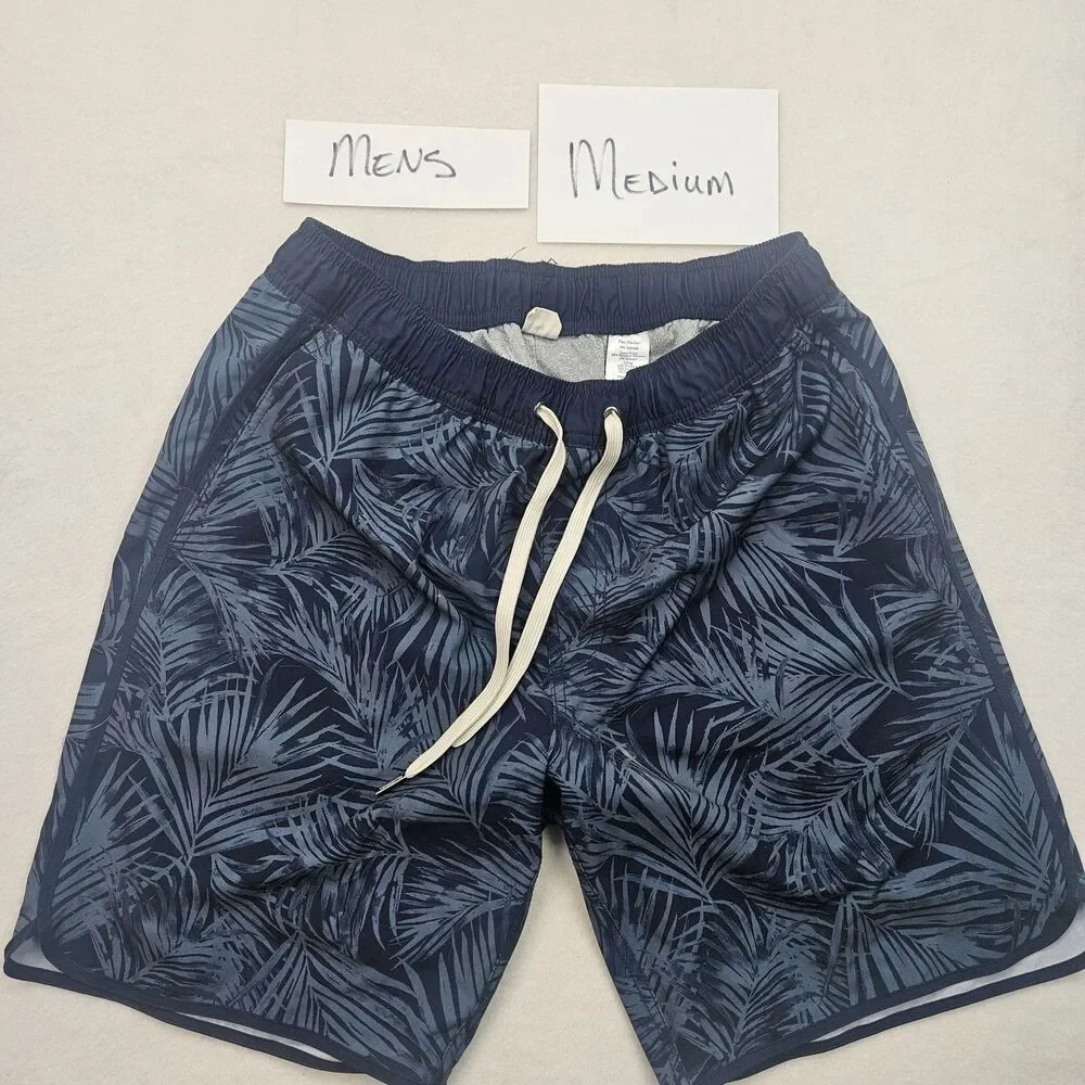 Fair Harbor Men's Activewear Swim Trunks Shorts Navy Blue Palm Leaf Medium